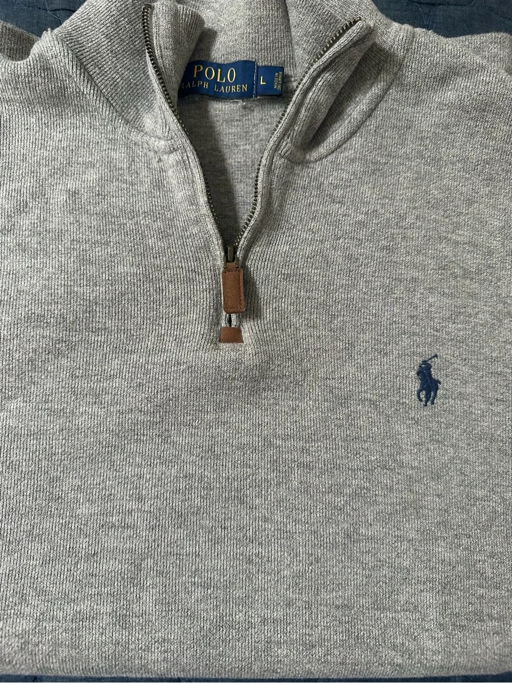 Polo by Ralph Lauren Light Gray Half-Zip Sweater with Navy Pony.  men’s Large.